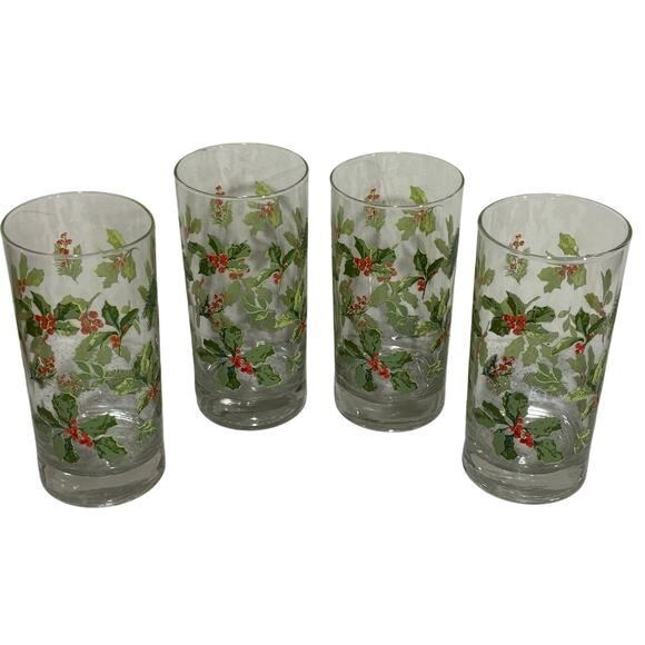 Vintage Libbey glass Christmas water highball glasses green & red holly set of 4 - Picture 7 of 9